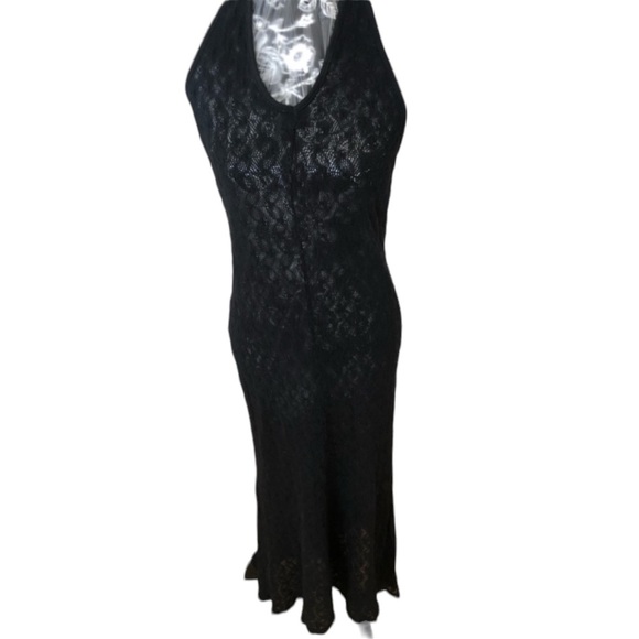 ESSENCE size large black one if a kind  crochet knit hi low maxi halter stretch - Picture 1 of 16
